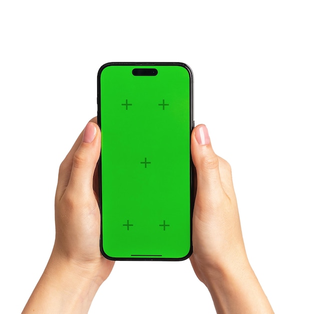 Hand holding chroma key screen of iphone 14 mobile phone mockup isolated on white background