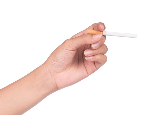 Hand holding a cigarette butt isolated on White background.