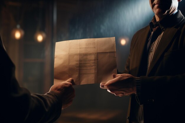 Hand holding a classified document in a dimly Generative ai