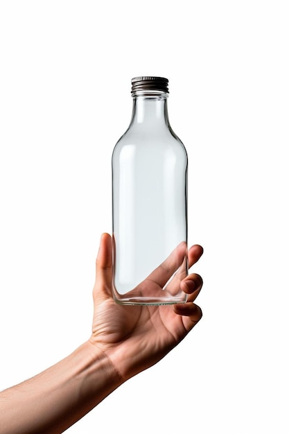 a hand holding a clear bottle with a clear glass inside