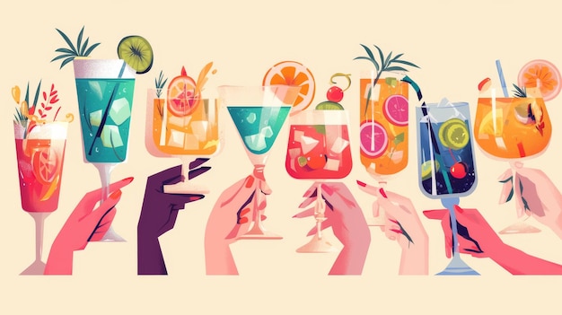 Photo hand holding cocktail glass for toast drink on party illustration isolated lady and pink sangria shot or champagne with orange fruit set on party background