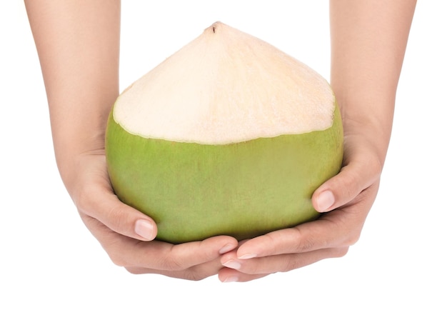 hand holding coconut fruit isolated on white background