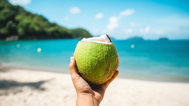 a hand holding a coconut