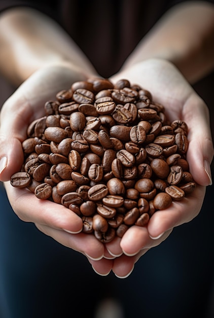 コーヒー豆を手で握るコーヒーを作るための新鮮なコーヒー豆のクローズアップ