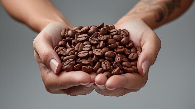 Hand holding coffee beans Close up of fresh coffee beans for making coffee Generative Ai