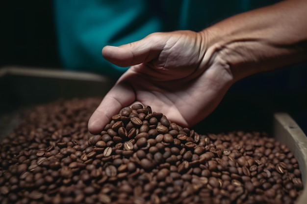 Hand holding coffee beans ready for roasting Generative AI