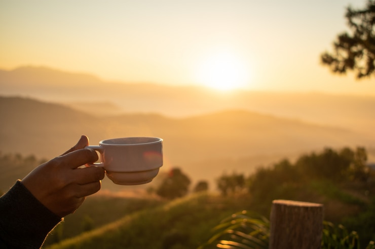 hand holding coffee cup with mountain view and sunrise in the morning