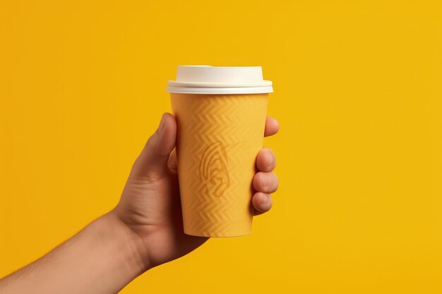 Hand holding coffee cup yellow background generative ai