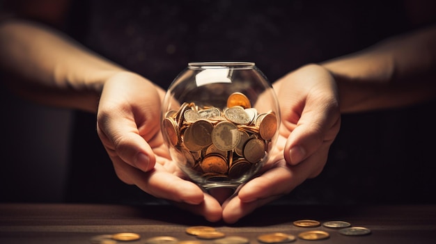 hand holding coin bank symbolizing wealth growth