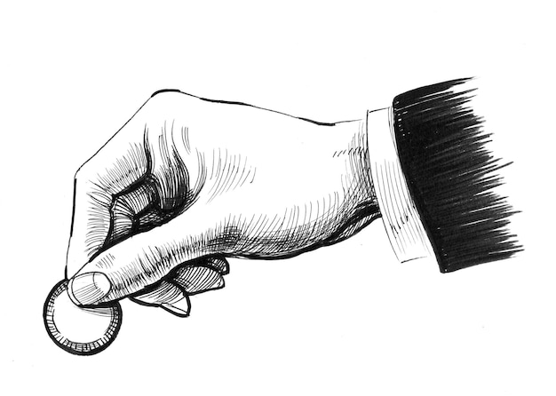 Hand holding a coin. Ink black and white drawing