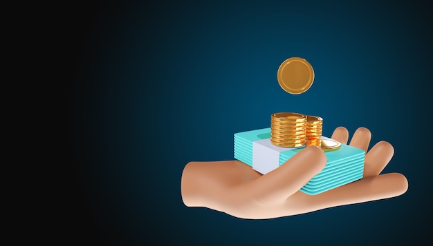 Hand holding coin stack. Money-saving, online payment, and payment concept. 3d illustration