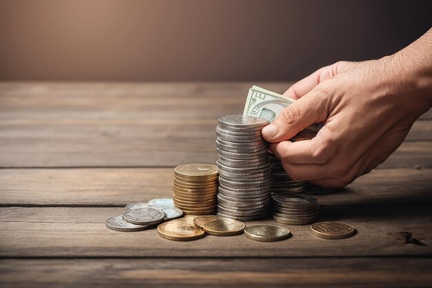 Foto moneta in mano e pila di soldi sul tavolo di legno concetto di fondo pensione