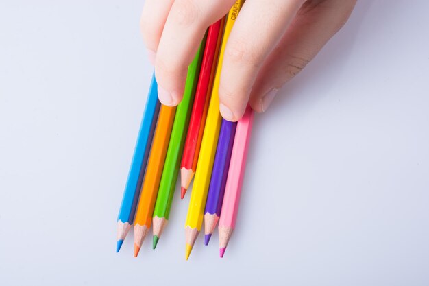 Hand holding color pencils placed on a white background