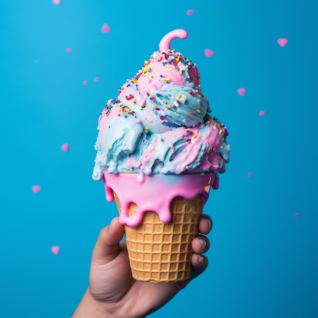 Foto una mano che tiene un cono di gelato colorato