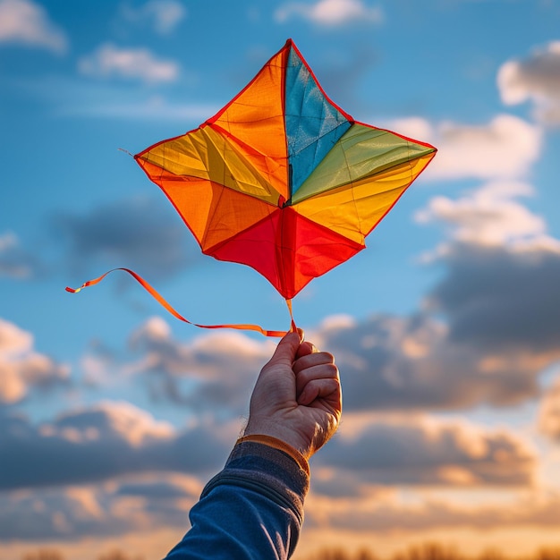 Photo hand holding a colorful kite against the sky symbolizing freedom