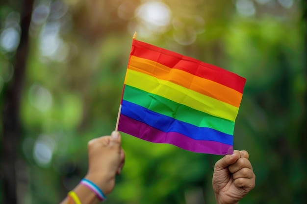 Hand holding colorful rainbow gay flag symbol of LGBTQ people diversity of genders love