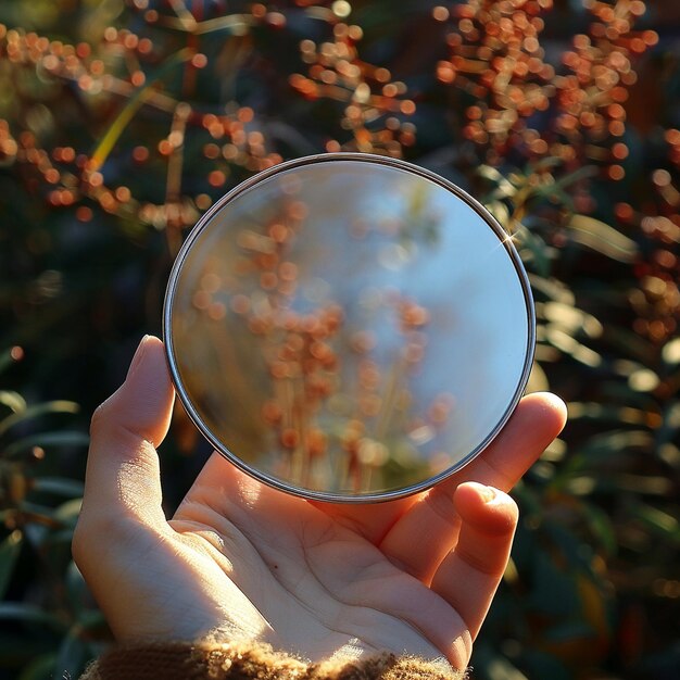 Photo hand holding a compact mirror