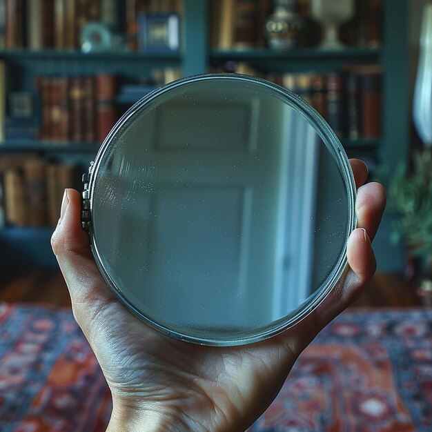 Photo hand holding a compact mirror