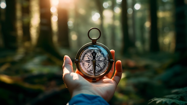 Photo hand holding compass outdoors