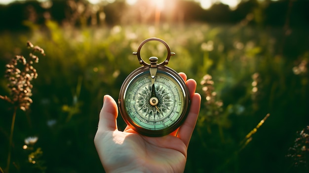 Hand holding compass outdoors