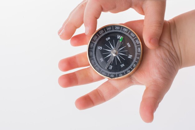 Hand holding a compass on white background