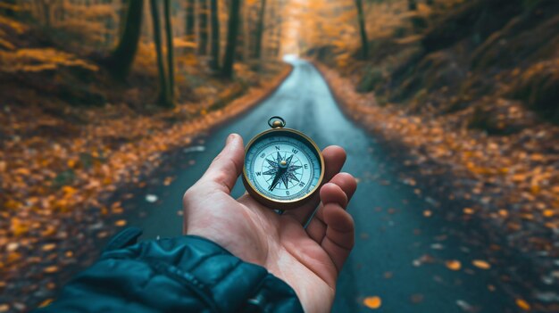 Foto la mano che tiene una bussola con una strada sullo sfondo.