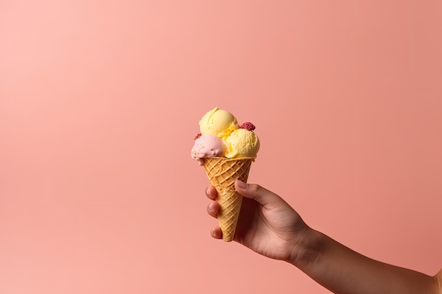 A hand holding a cone of ice cream with a pink background