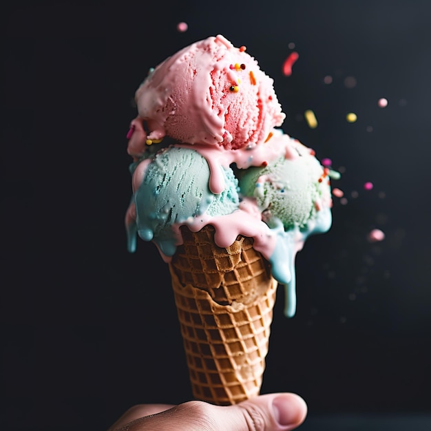 A hand holding a cone of ice cream with rainbow sprinkles on it.