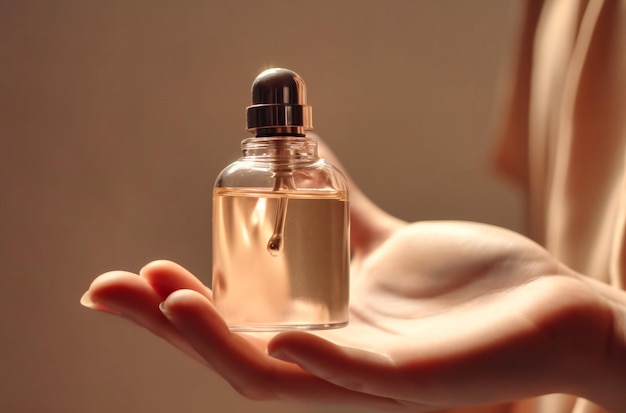 Hand holding cosmetic bottle on beige background