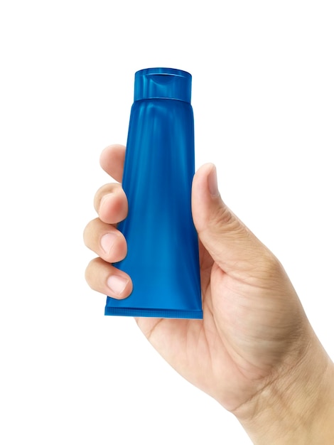 Hand holding Cosmetic plastic tube isolated on white background