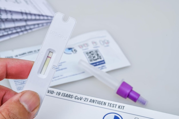 Hand holding Covid19 negative test result with SARSCoV2 Rapid antigen test