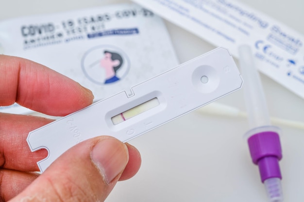 Hand holding Covid19 negative test result with SARSCoV2 Rapid antigen test