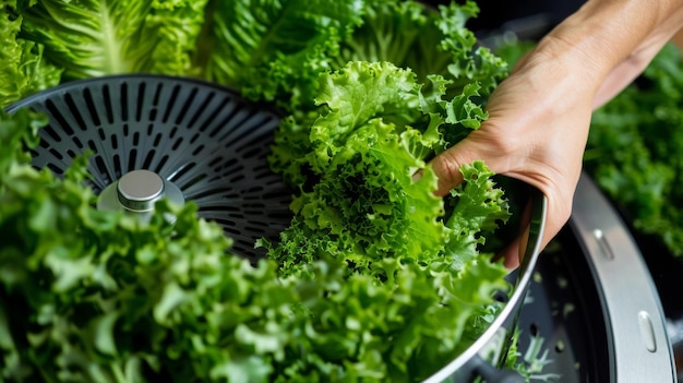 Foto una mano che tiene la manovella dello spinner di insalata mentre viene usata per asciugare la lattuga