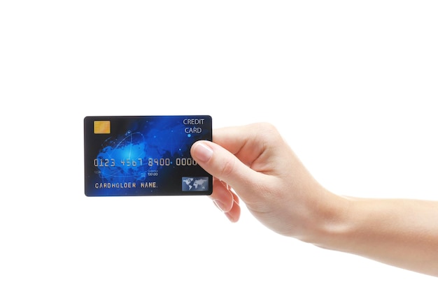 Hand holding credit card isolated on white