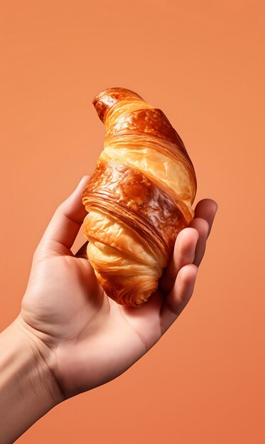 Hand holding Croissant Fresh Croissant