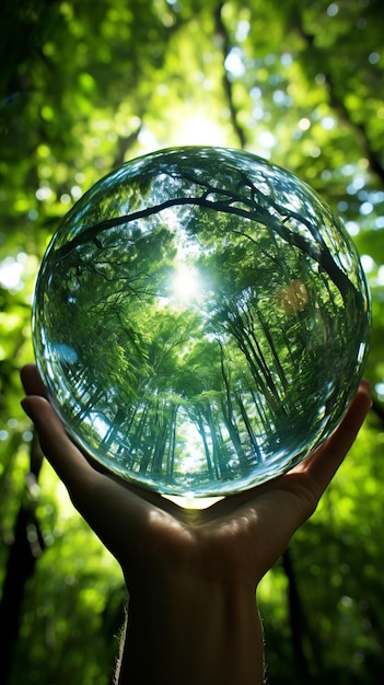 A hand holding a crystal ball with a forest inside