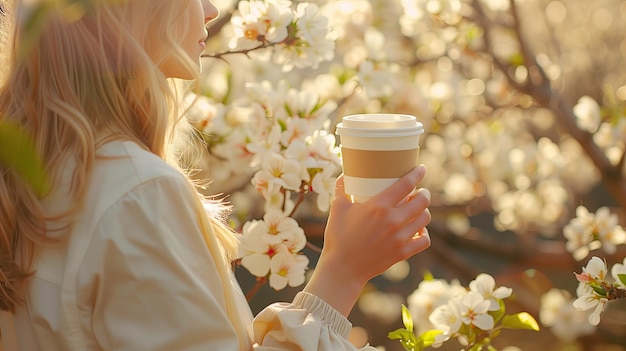 Hand holding a cup of coffee in a blooming spring garden