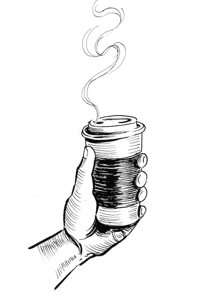 Hand holding a cup of coffee. Ink black and white drawing