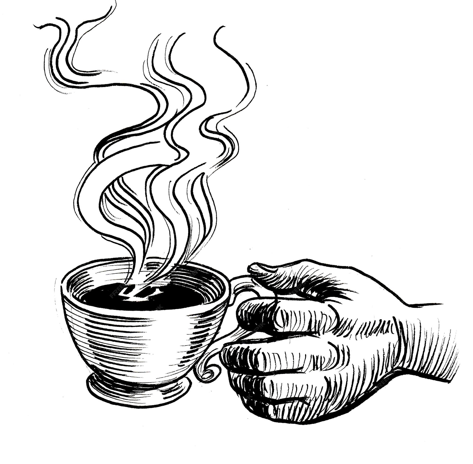 Premium Photo Hand holding a cup of coffee ink black and white drawing