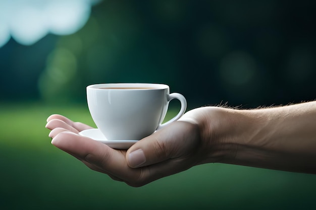 背景が緑色のコーヒーカップを持つ手