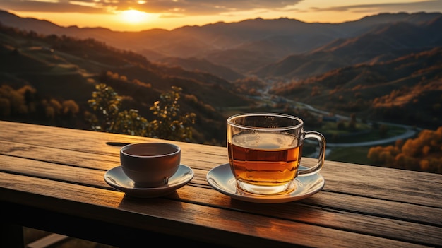Hand holding a cup of hot tea and natural view of mountain landscape at sunset