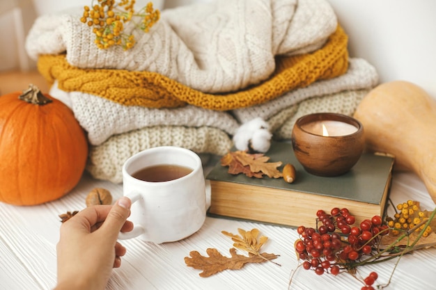 Hand holding cup of tea on background of pumpkin cozy sweaters autumn leaves candle and book