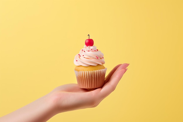a hand holding a cupcake with a cherry on top
