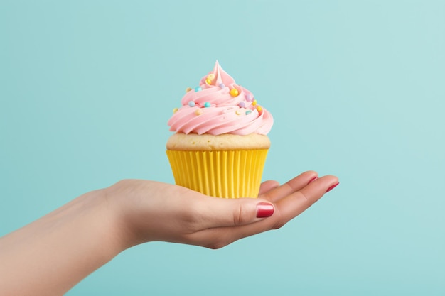 a hand holding a cupcake