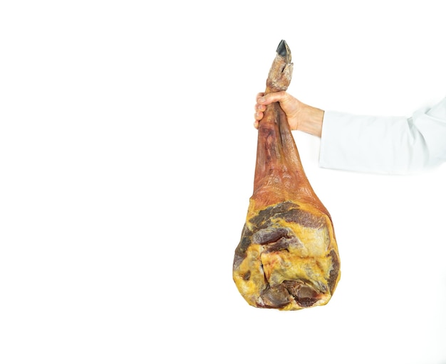 A hand holding a cured shoulder on a white background.