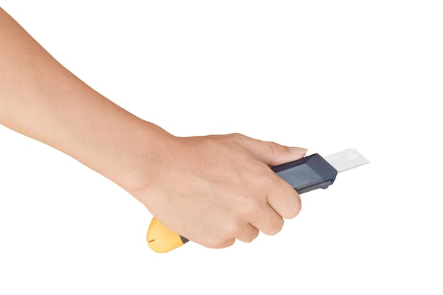 hand holding cutter paper knife isolated on white background