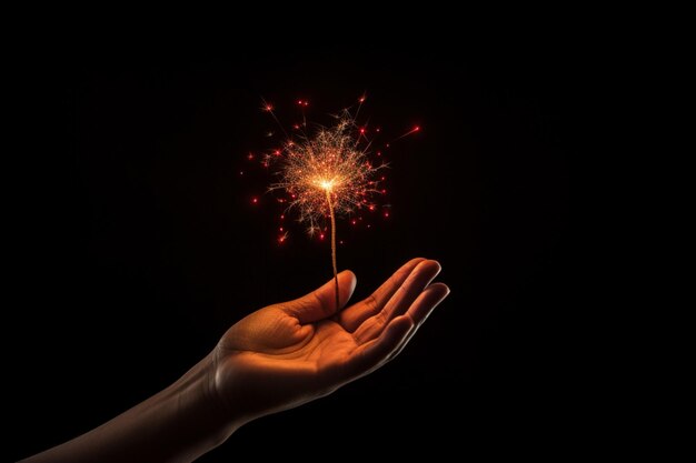 Hand holding a dazzling firework in the darkness