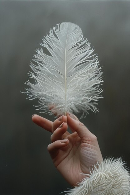 Photo hand holding a delicate feather depicting lightness