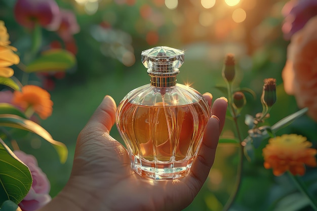 Hand holding delicate perfume bottle