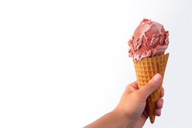 Photo hand holding delicious red velvet ice cream in a crispy waffle cone with copy space